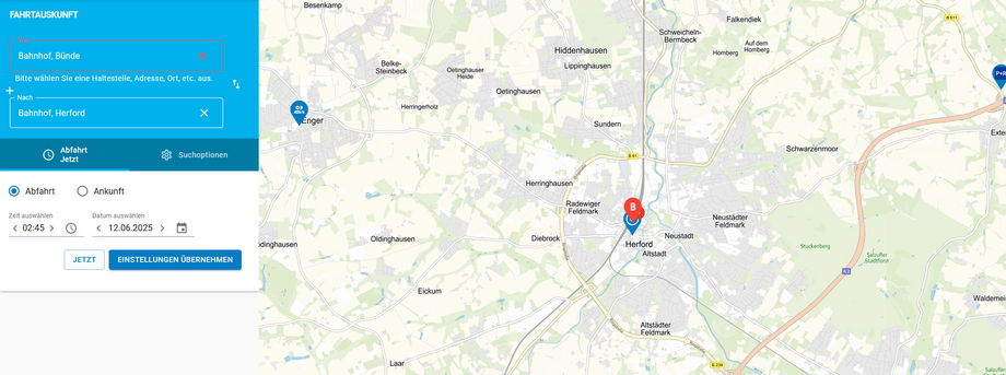 Ansicht der Eingabemaske der Fahrplanauskunft.