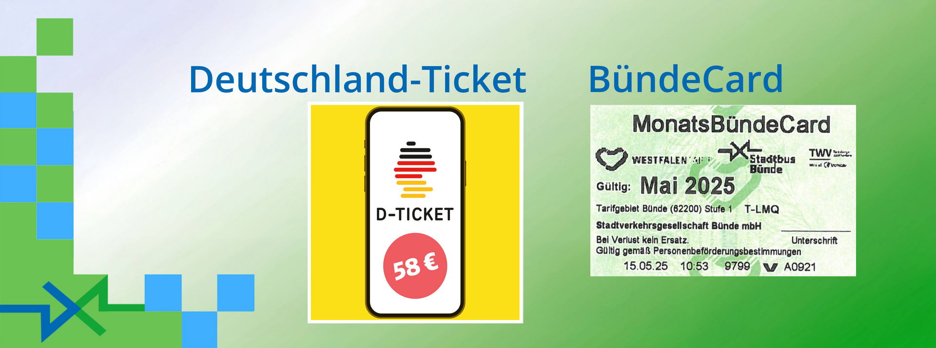 Slider zeigt das Deutschland-Ticket und die Bünde Card.