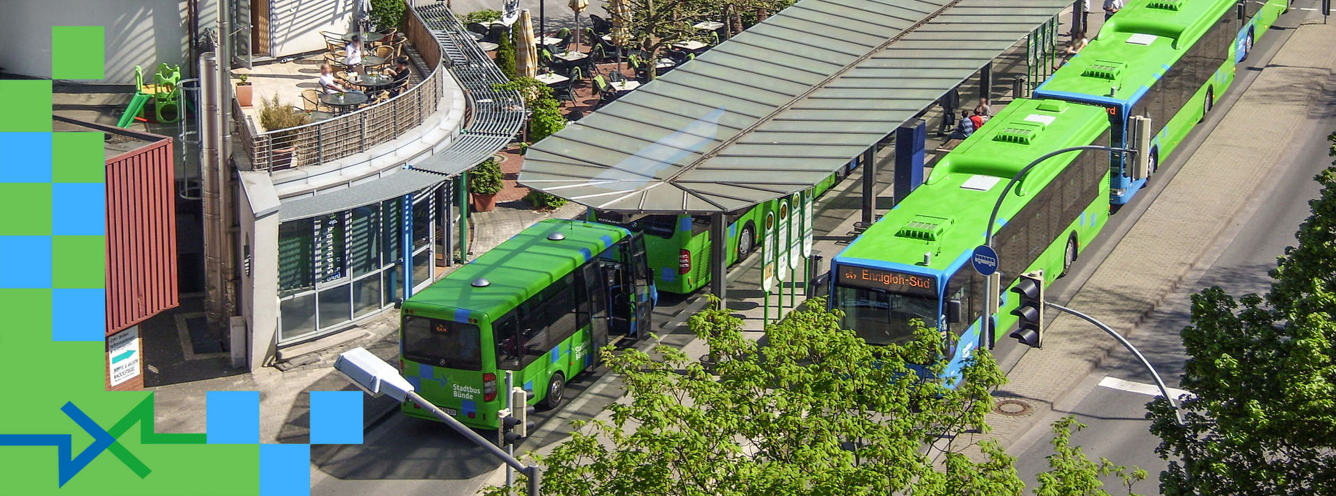 Luftaufnahme parkender Busse am Museumsplatz.