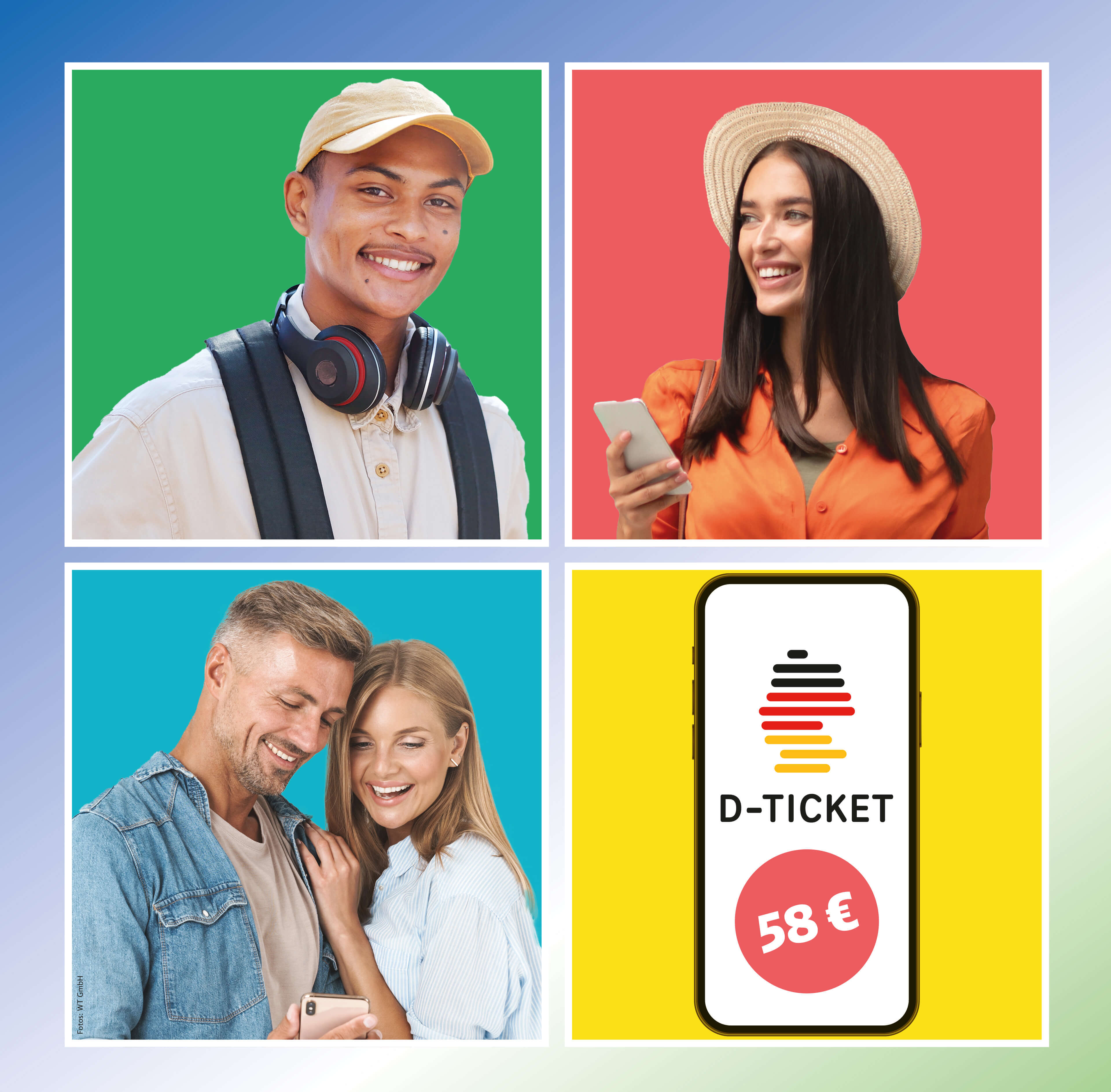 Ansicht der Anzeige vom Deutschlandticket mit verschiedenen Personen und dem D-Ticxket.